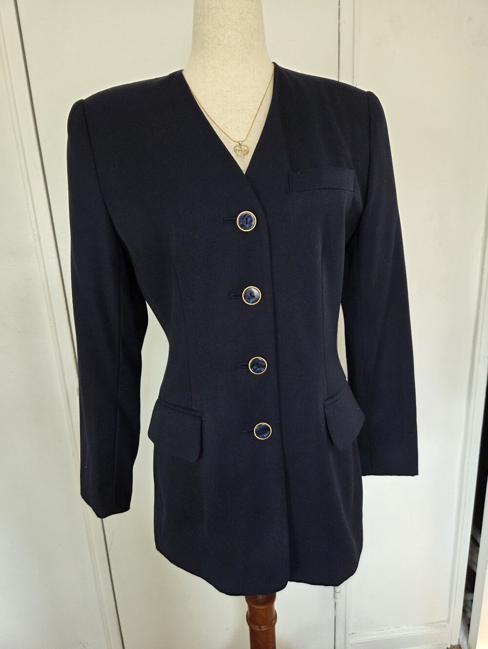 Classic Navy Long Blazer with Gold-Trim Buttons